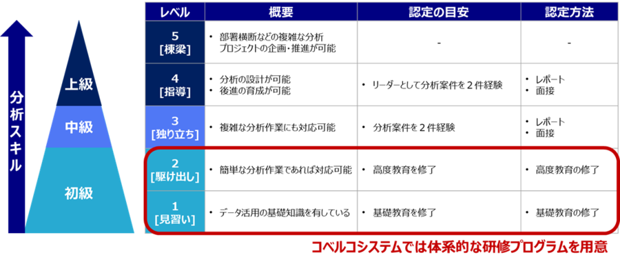 初級～上級それぞれのレベルごとのスキル・データサイエンティスト認定の目安を示した図